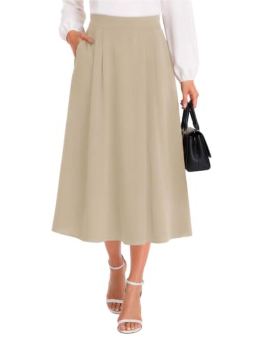 Women's High Waisted Midi Skirt A-Line Pleated Flowy Chiffon with Pockets